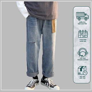 Quần jean ống đứng phối kiểu rách gối thời trang phong cách Hàn Quốc cho nam