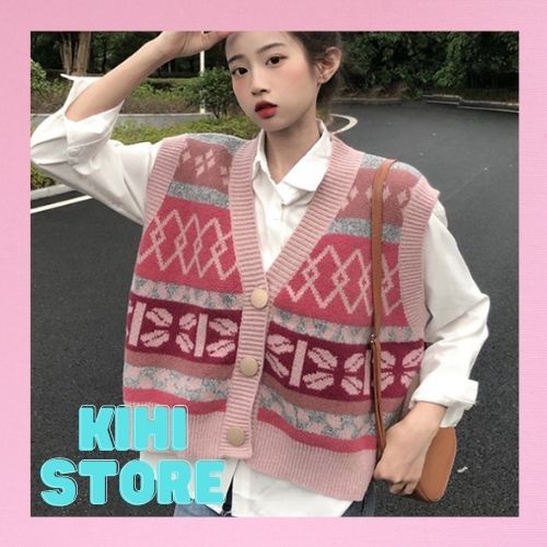 Áo gile len nữ, áo gile len cổ chéo cúc cài chất liệu len mịn phong cách Hàn Quốc