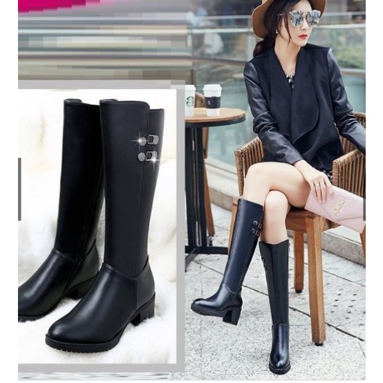 Bốt Kasut Bốt Đế Xuồng Ống Dưới gối có nút Cao Gót Nữ Bằng Da Nhung