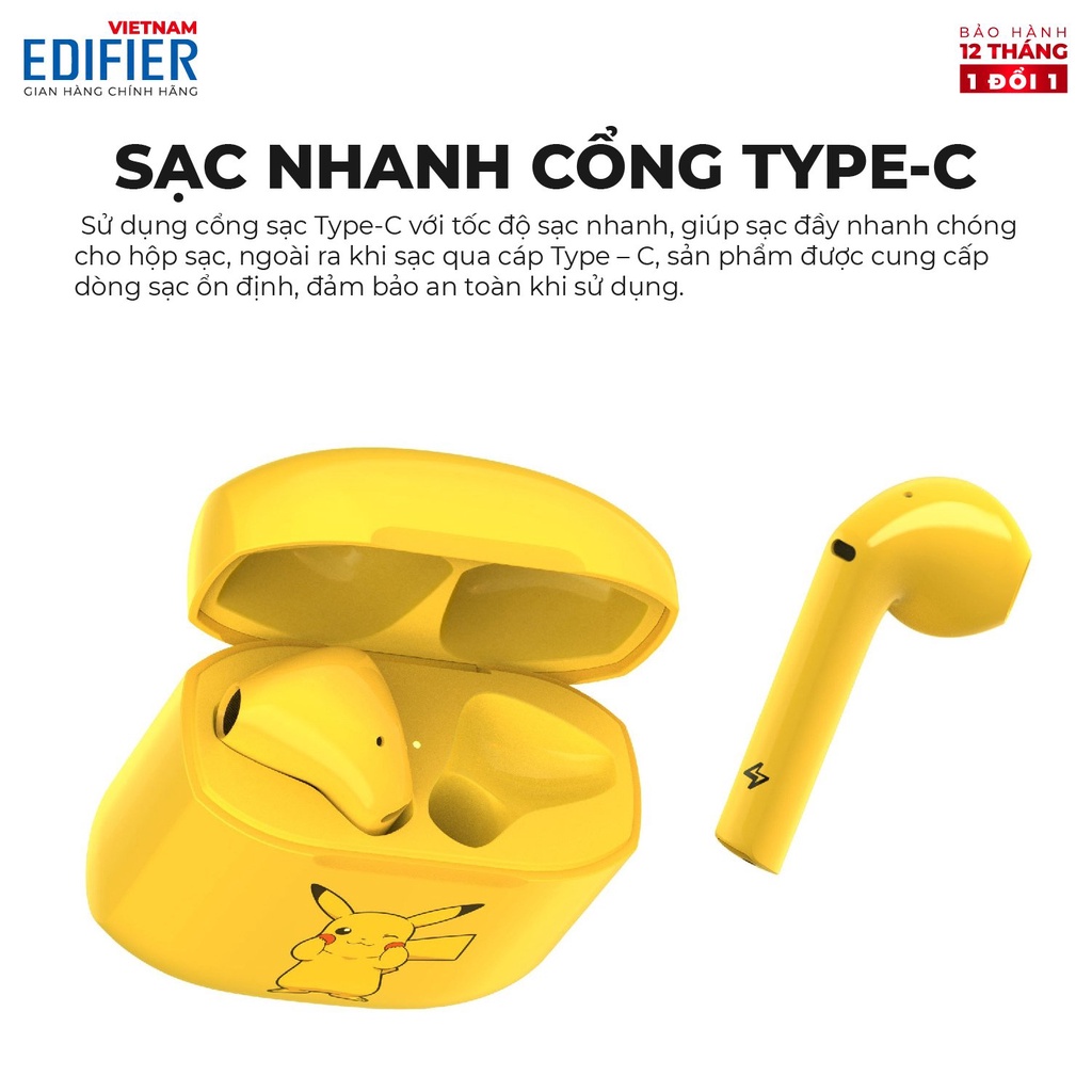 Tai nghe Bluetooth 5.0 EDIFIER Lollipods - Phiên bản Pikachu - 24 giờ Playtime - Kháng nước IP54 - Bảo hành 12 tháng