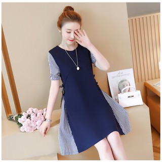 Đầm Bầu Kẻ Sọc Xanh Eo Thắt Nơ