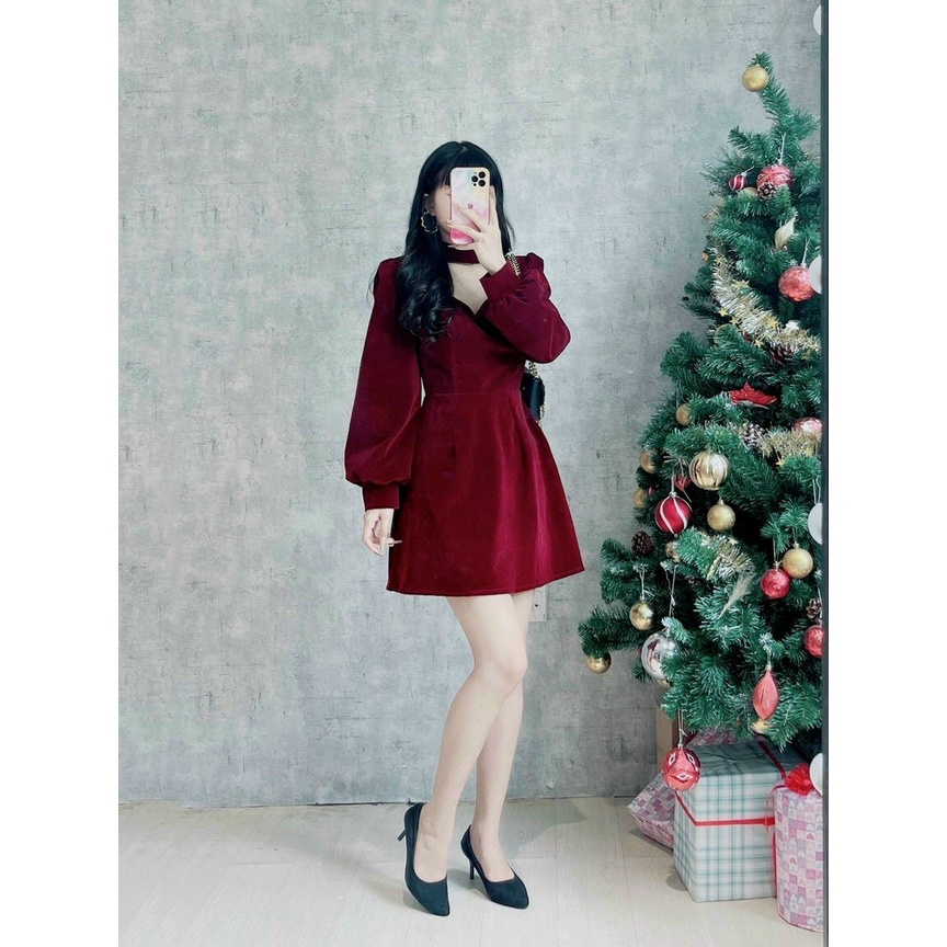 Váy Nhung Nữ Đỏ Đầm Chocker Cổ Tay Bồng Hở Ngực Tôn Dáng Sang Chảnh. | BigBuy360 - bigbuy360.vn