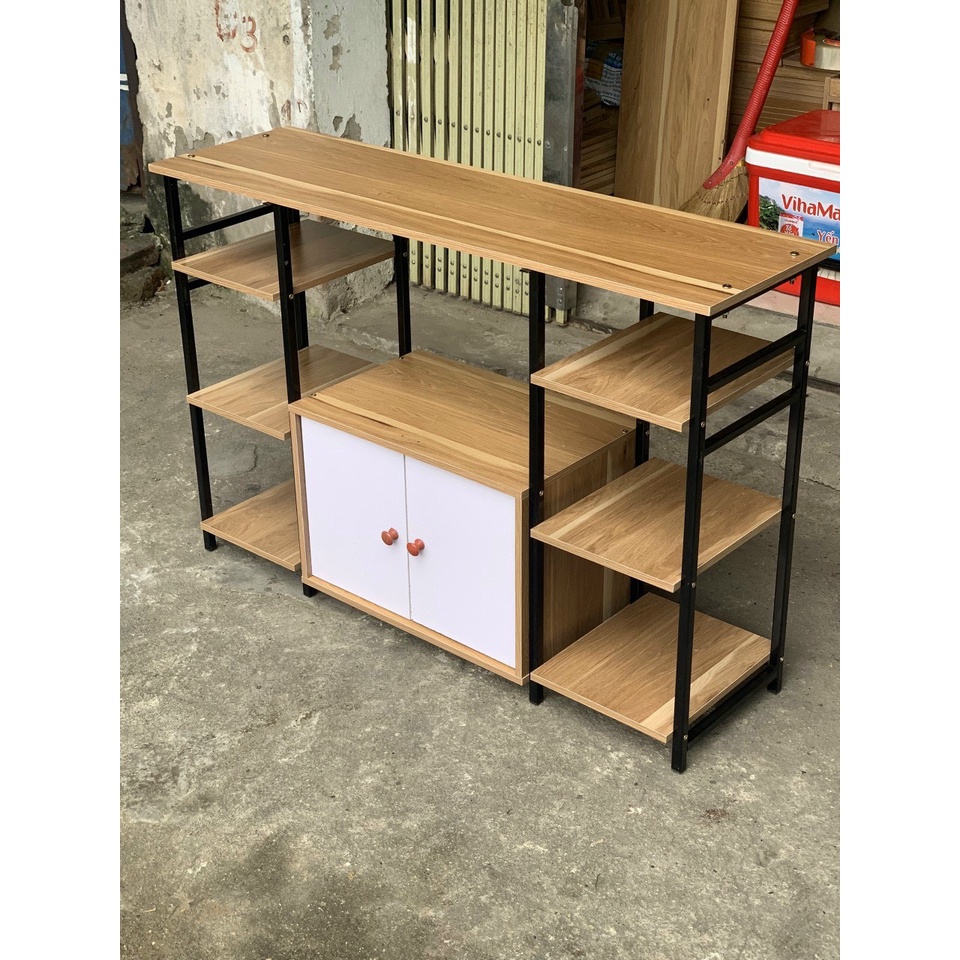 Kệ Lò Vi Sóng Đôi, Kệ Khung Sắt Mặt Gỗ MDF Để Nồi Chiên, Lò Nướng, Dụng Cụ Nhà Bếp