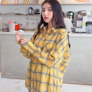 Áo sơ mi caro vàng form rộng chất dày cực đẹp
