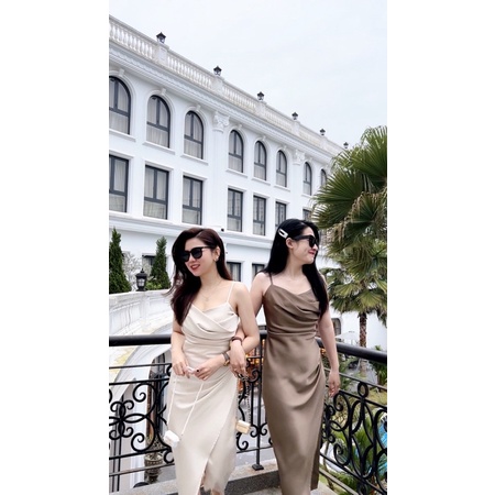 ( Ảnh thật ) 7266 Váy 2 dây lụa cổ xếp nhún eo
