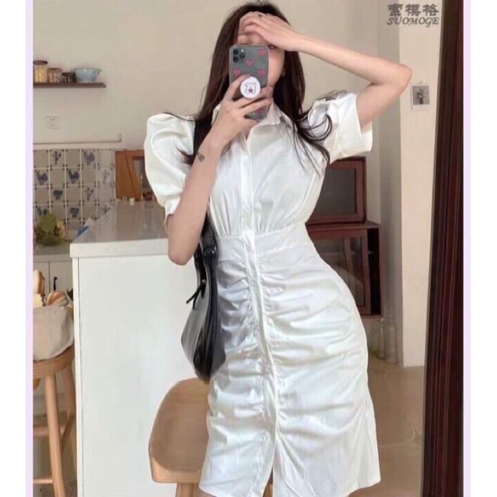 ĐẦM trắng nhún ôm tay phồng(hình thật)