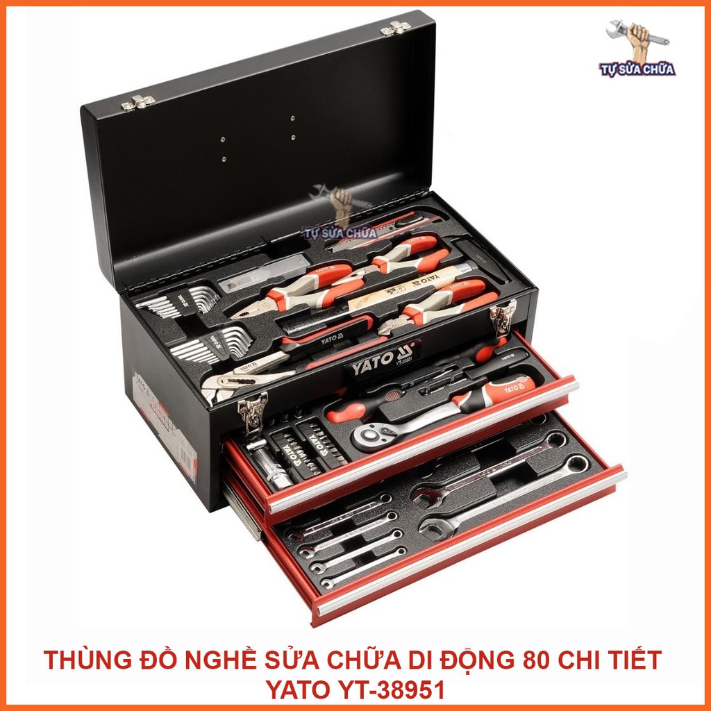 Thùng đồ nghề sửa chữa di động 80 chi tiết Yato YT-38951 chính hãng Yato Ba Lan, bộ dụng cụ sửa chữa xe máy chuyên dụng