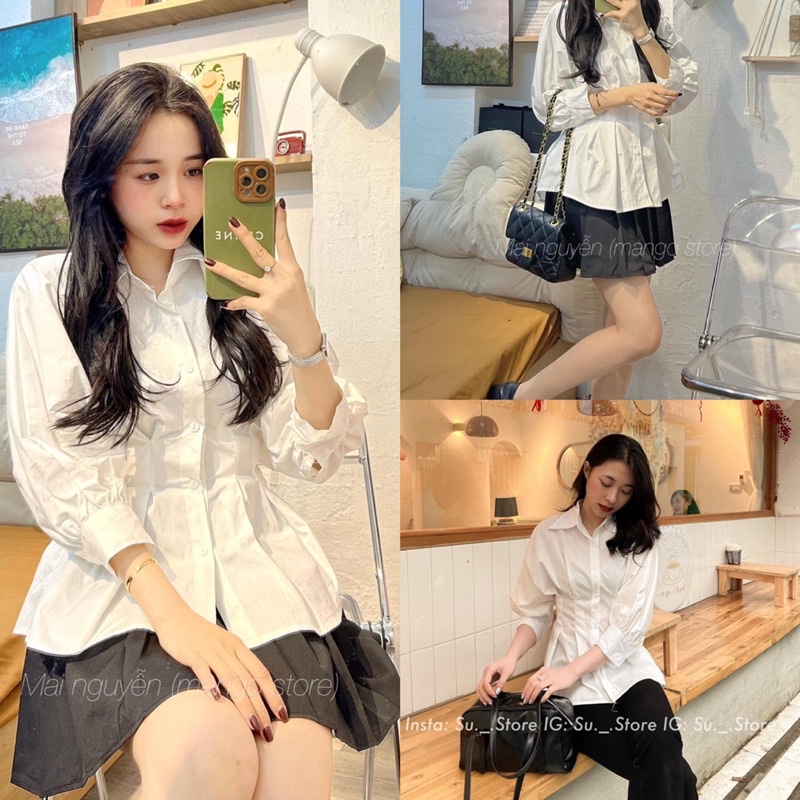 Áo sơ mi trắng chít eo kiểu Pháp thiết kế cổ bèo nơ đen Áo sơ mi cộc tay