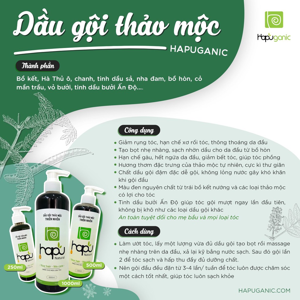 Dầu gội bồ kết thảo mộc hạn chế rụng tóc HaPu Organic CÓ 3 SIZE TIỆN DỤNG