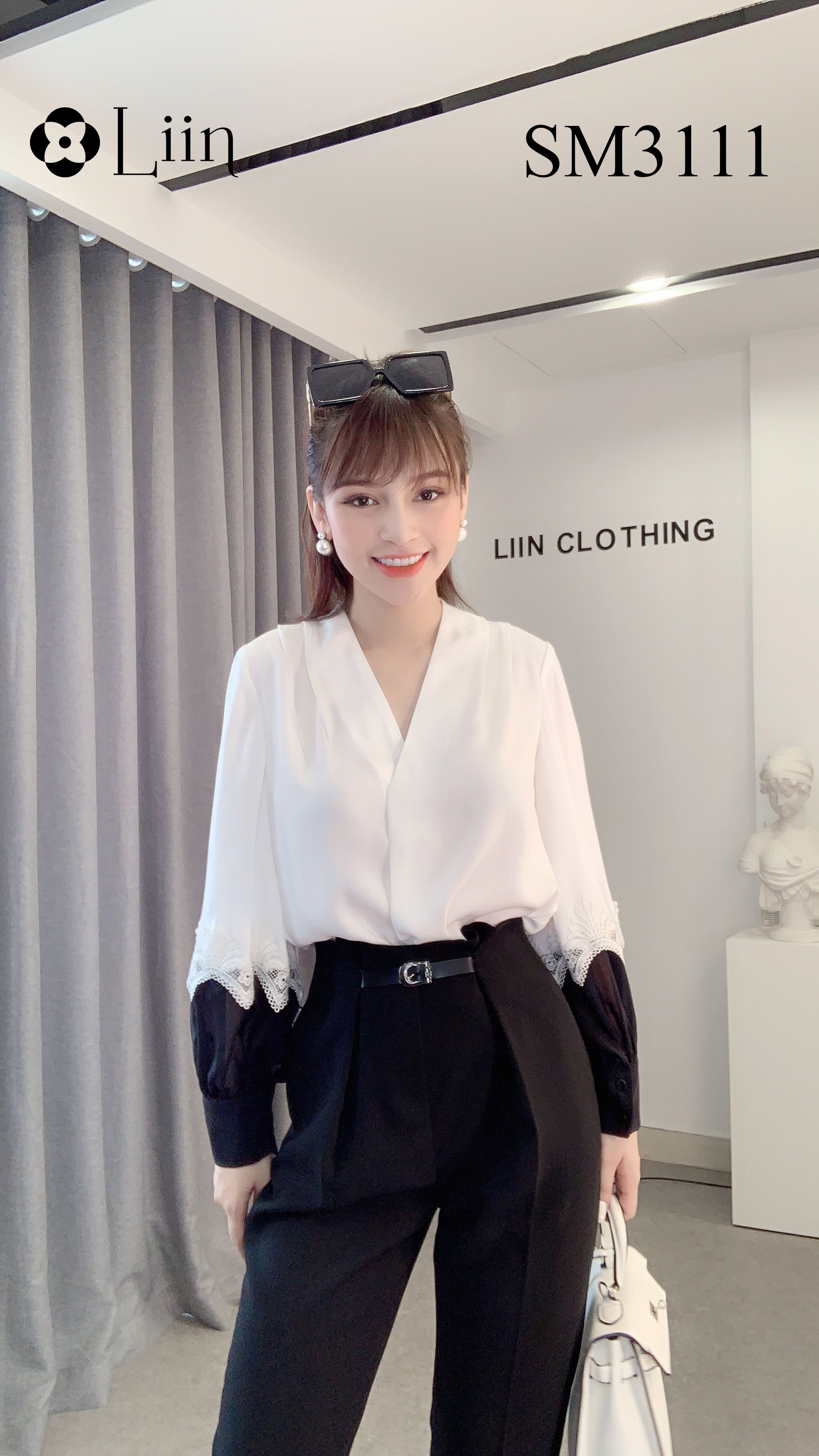 Áo sơ mi nữ trắng Linbi thiết kế cổ V xinh xắn, hiện đại Liin clothing SM3111