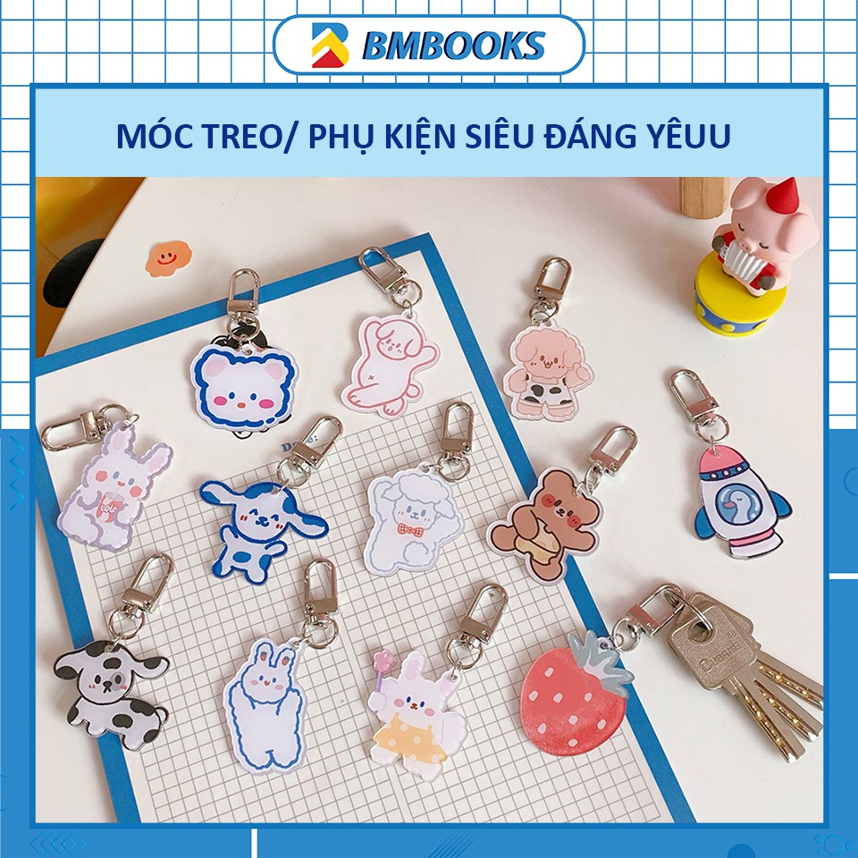 Móc khóa cute dạng dẹt Happy Small phong cách vui nhộn có móc treo tiện lợi BMBooks