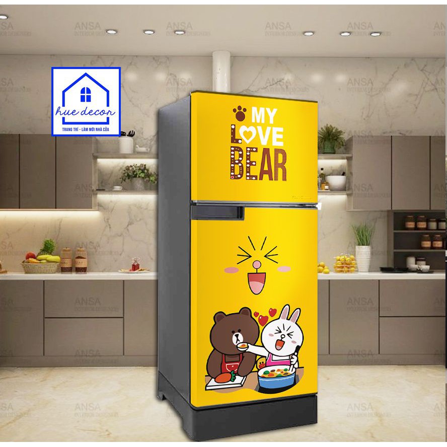 Tranh  dán tủ lạnh-máy lạnh - máy giặt Gấu brown siêu cute HUE DECOR chống nước, màu sắc trẻ trung, làm mới không gian