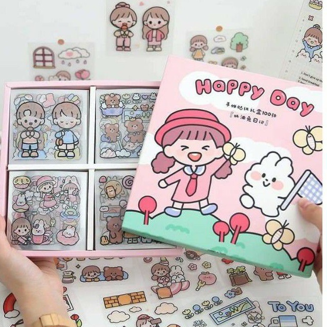 Bộ 1000 Sticker dán hãng Telado cô gái và bé thỏ kèm hộp
