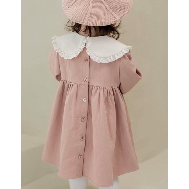 Đầm dài tay cổ lá sen thêu phong cách Hàn Quốc cho bé gái