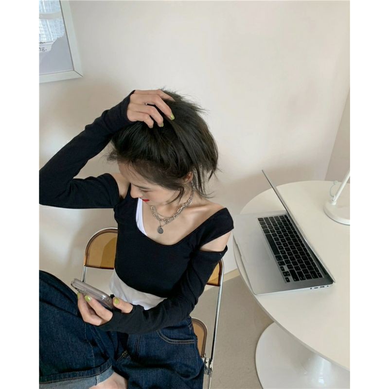 áo thun nữ hai dây hot girl thiết kế cảm giác xếp chồng lệch vai