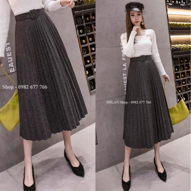 Chân váy dạ dài xếp li kèm đai kim sa & trơn | BigBuy360 - bigbuy360.vn