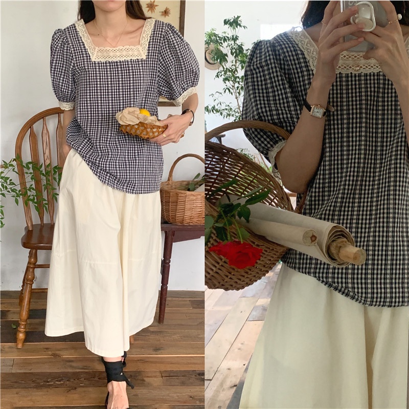 Áo Sơ Mi Nữ Tay Ngắn Kẻ Sọc Caro Phối Ren 54808