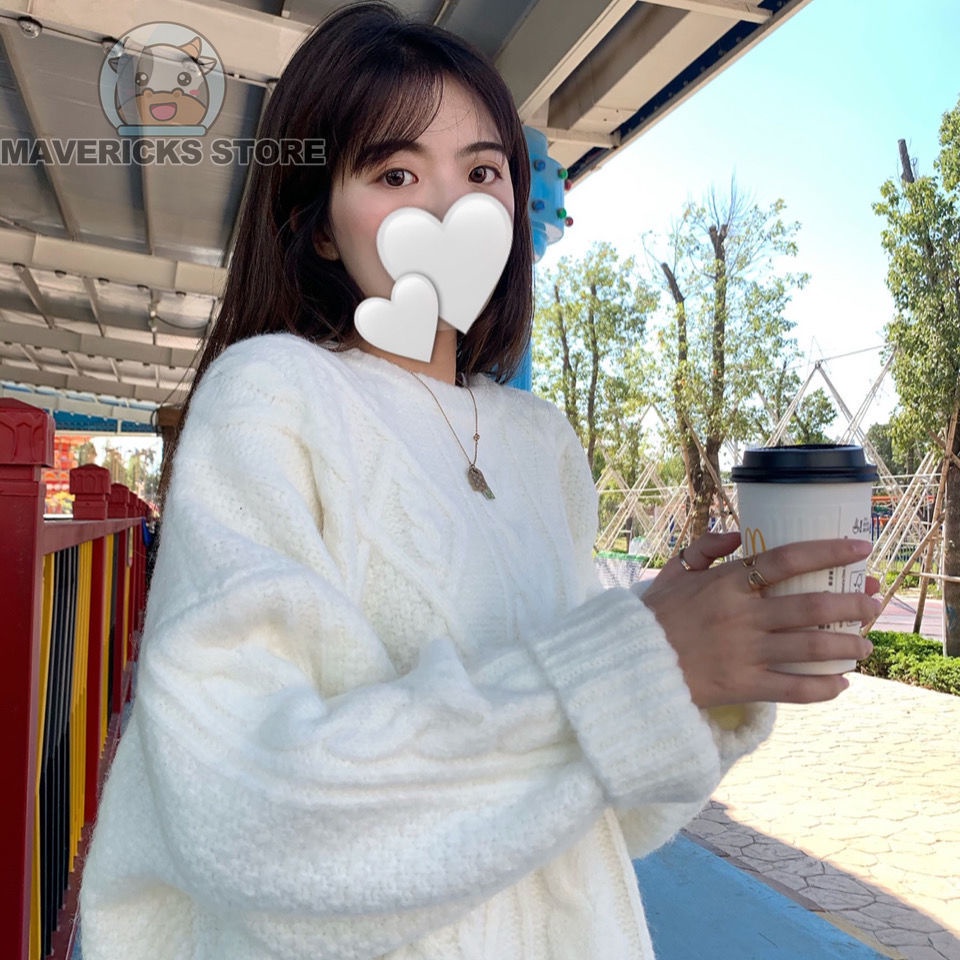 Áo sweater Dệt Kim Dày Dáng Rộng Màu Trắng Phong Cách Hàn Quốc Thanh Lịch Mùa Đông
