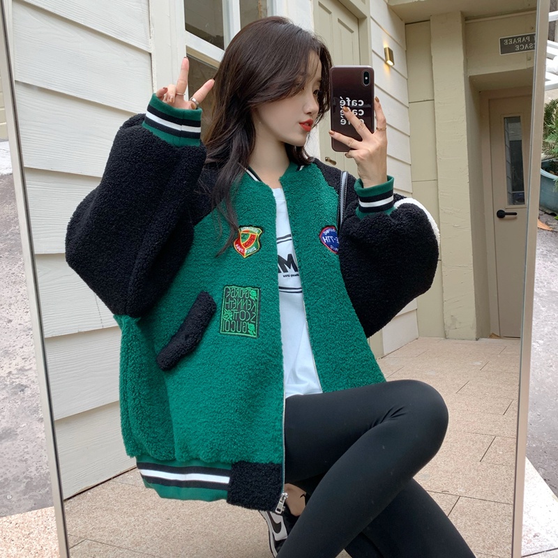 ZHELIHANGFEI Áo Khoác Bóng Chày Bằng Len Dáng Rộng Phong Cách Thể Thao Dễ Phối Đồ