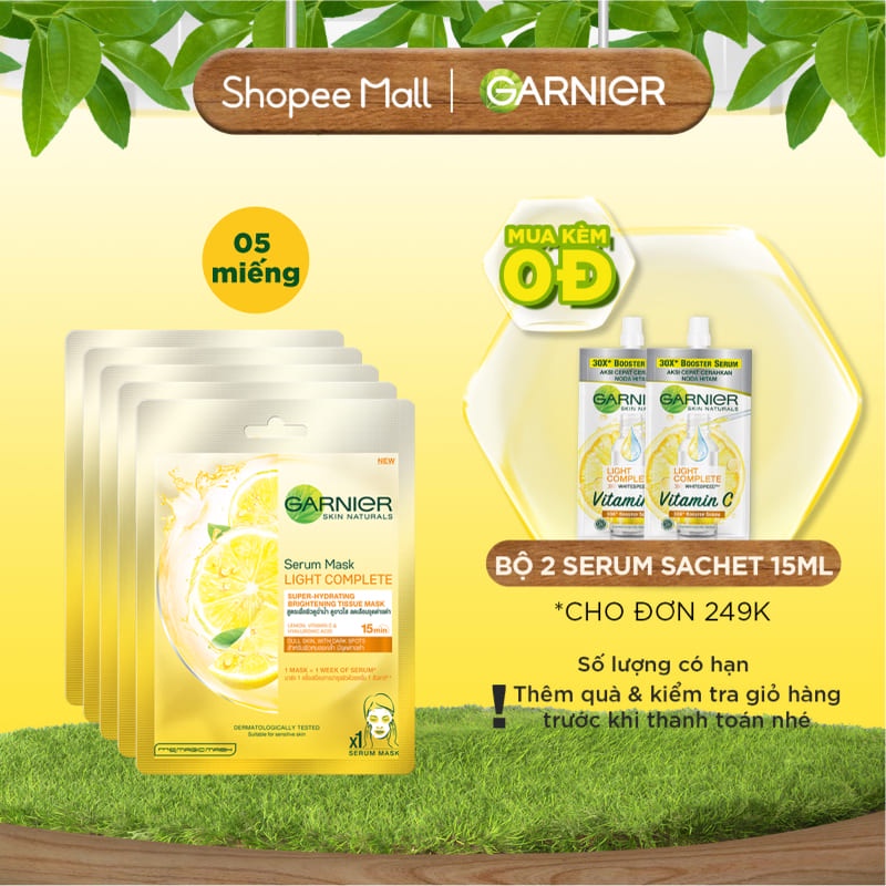 [Mã FMCGMALL -8% đơn 250K] Bộ 5 mặt nạ tinh chất Quả Yuzu và Vitamin C sáng da tức thì Garnier Serum Mask