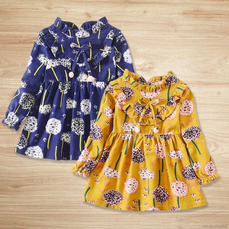 Đầm dài tay cổ lọ họa tiết hoa đáng yêu cho bé gái