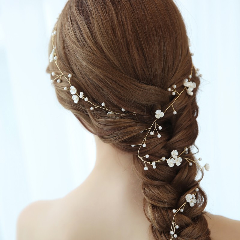 Băng Đô Hoa Đính Ngọc Trai Cho Cô Dâu 100cm