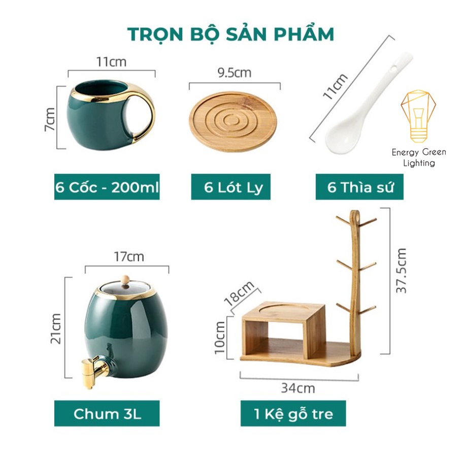 Bộ Chum Trà 6 Ly Bằng Sứ Energy Green Lighting Cao Cấp - Dung Tích 3L - Chum Trà Sứ Đa Năng Nước Detox, Nước Hoa Quả,Trà