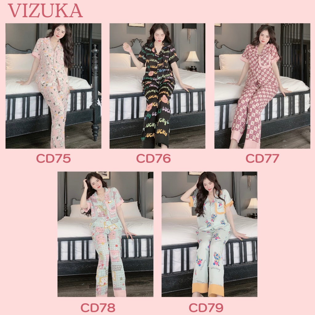 Đồ bộ pijama nữ lụa mặc nhà tay ngắn quần dài dễ thương VIZUKA