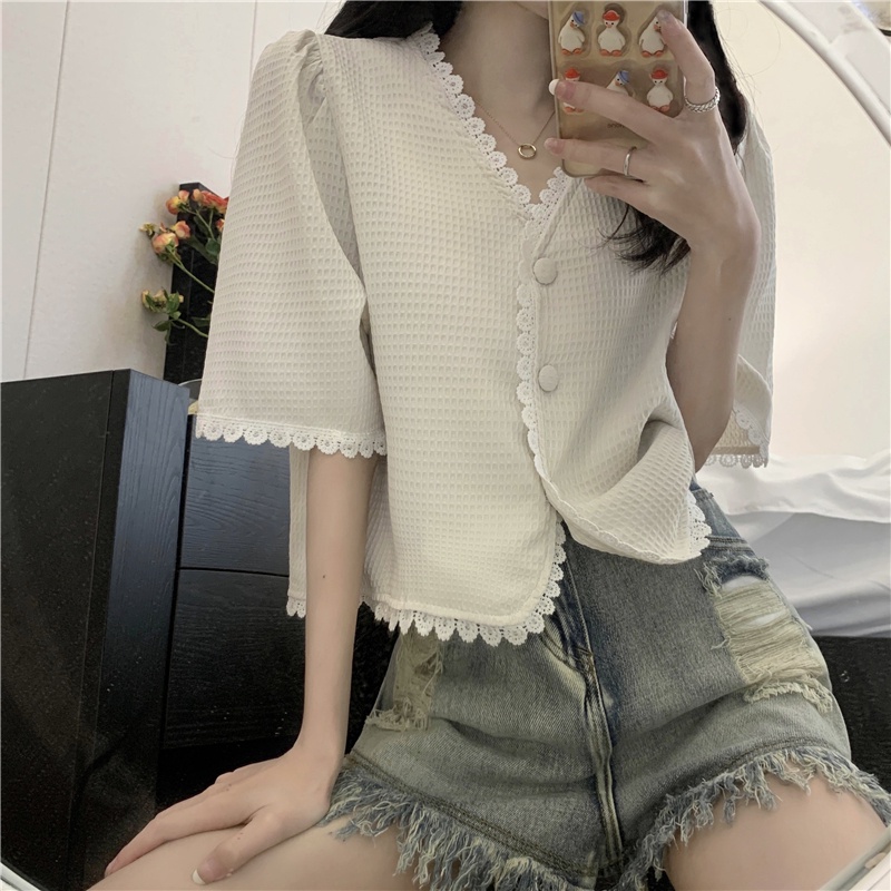 「 WELOVE1 」Áo Sơ Mi Tay Ngắn Phồng Cổ Chữ V Dáng Rộng Phong Cách Pháp Thời Trang Cho Nữ