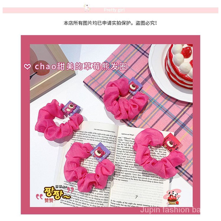 Dây cột tóc co giãn màu hồng họa tiết chú gấu dâu tây dễ thương thời trang mùa hè cho nữ 2021