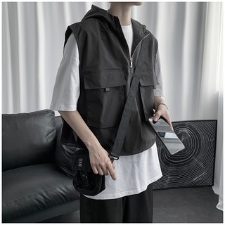 Áo khoác gile túi hộp unisex nam nữ vải dù siêu nhẹ có mũ trùm đầu không tay dáng rộng phong cách hiphop trẻ trung