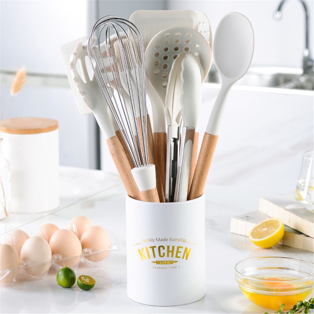 1 Bộ Dụng Cụ Nấu Ăn Bằng Silicone Tay Cầm Gỗ Chống Dính Đa Năng
