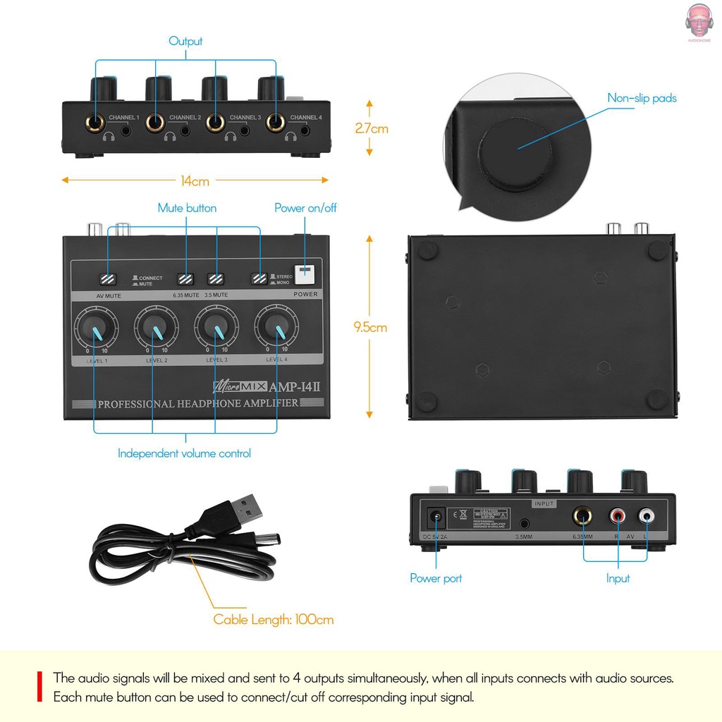 Bộ Khuếch Đại Âm Thanh 4 Kênh Rca / 6.35mm / 3.5mm Amp-14
