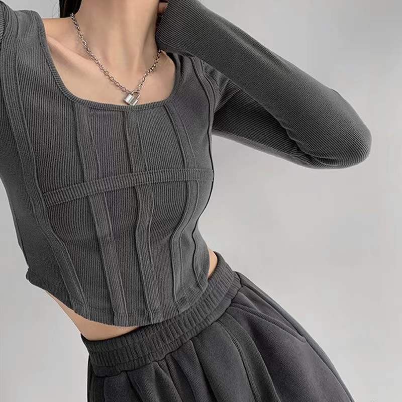 Áo croptop tay dài họa tiết gân nổi siêu cá tính H28