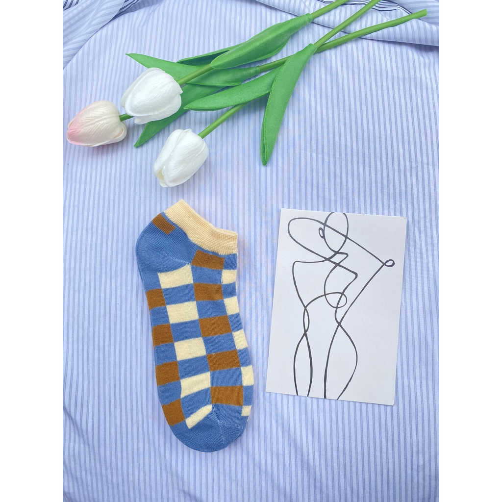 Vớ nữ cổ ngắn Muzinu tất nữ họa tiết sọc caro dễ thương TN59 V2