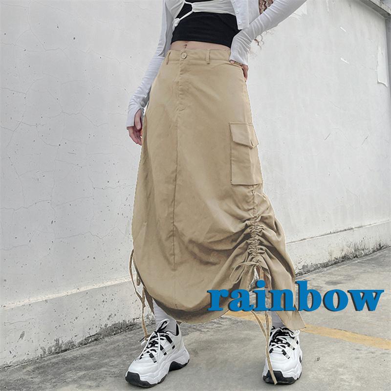 Chân Váy Midi Dài Thẳng Có Túi Màu Cầu Vồng 2K Phong Cách Harajuku Cổ Điển Đường Phố Cho Nữ