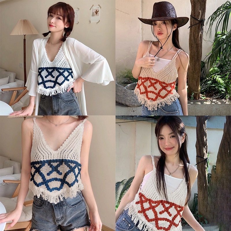 Áo Tank Top Cổ Chữ V Đan Móc Màu Sắc Retro Dành Cho Nữ