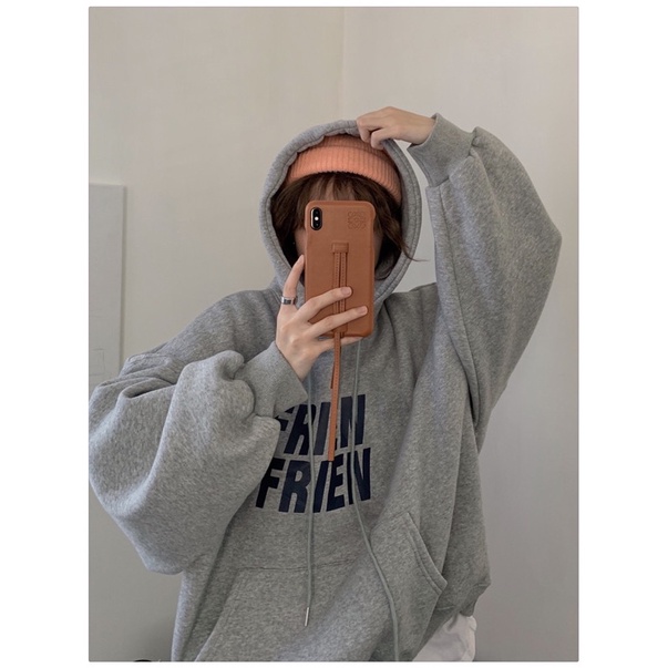 Áo Hoodie Dáng Rộng Tiệm Vải Xinh Áo Hoodie Nữ Tay Rộng Lót Bông Dáng Rộng Chữ Frien Mũ 2 Lớp