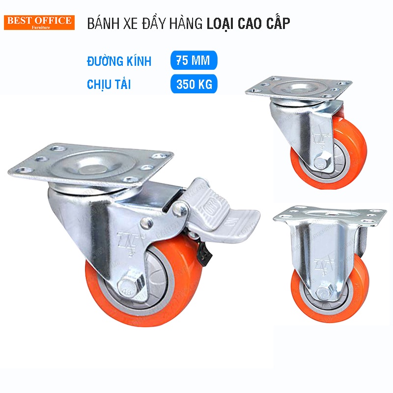 Bánh xe đẩy hàng có hãm chịu tải 250 kg, đường kính 7.5cm lắp cho xe kéo, xe đẩy hàng