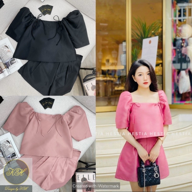 Set tafta hai nơ cổ vuông tay bồng