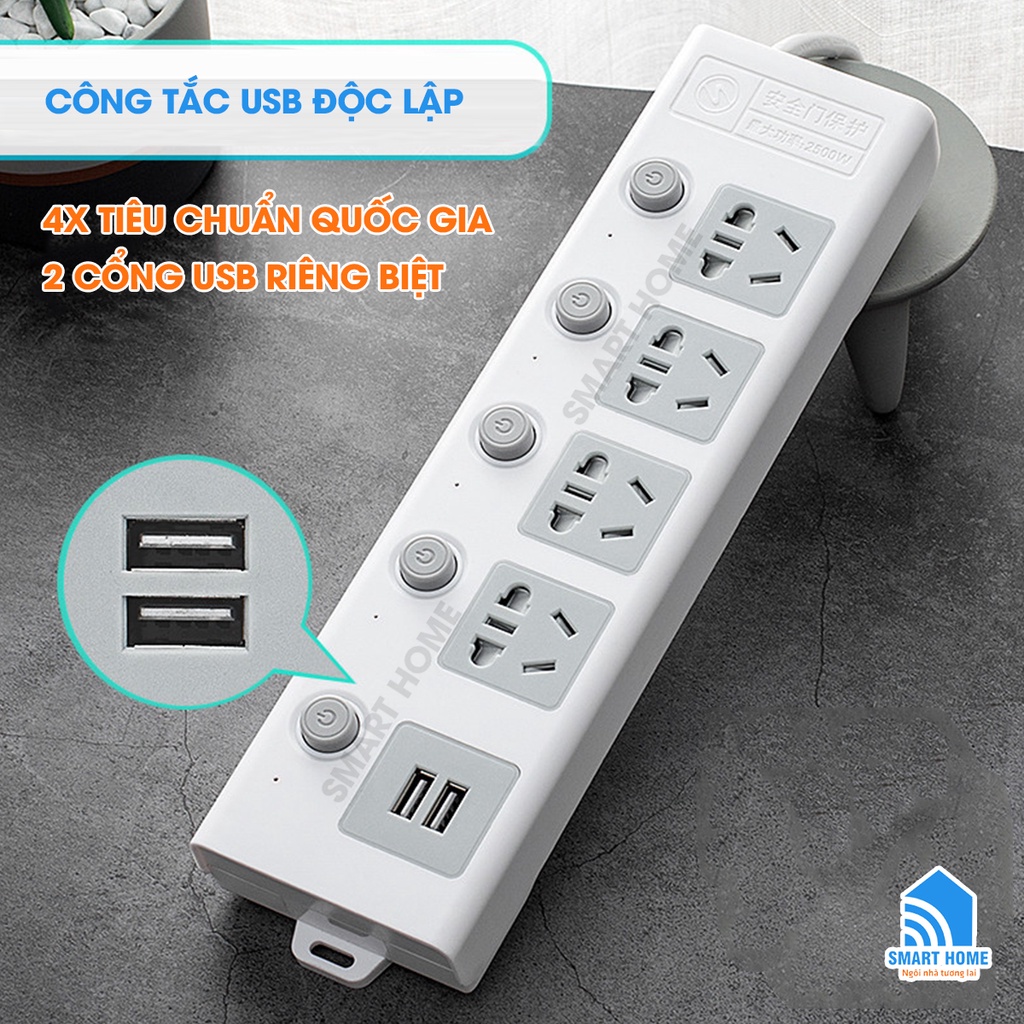 Ổ Cắm Điện Đa Năng Thông Minh, Ổ Điện An Toàn, Chống Giật, Cổng USB 5V, Chịu Tải 2500W, Dây Lên Đến 4.5m