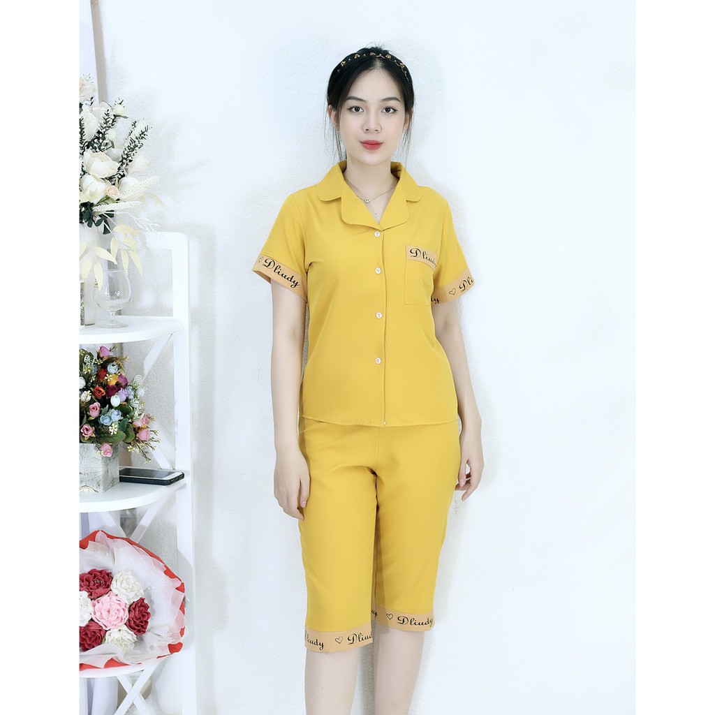 Set đồ bộ pijama nữ Lửng L2 VÀNG tay ngắn , quần lửng in chữ ký đơn giản sang chảnh