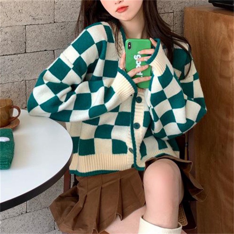 áo khoác cardigan len dáng croptop sọc caro màu xanh phong cách hàn quốc A665 nội y xanh chất len quảng châu