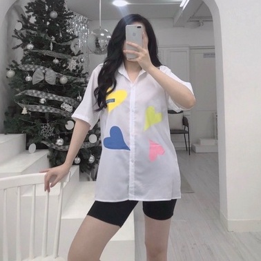 Áo sơ mi nữ phối kiểu in tim tay ngắn