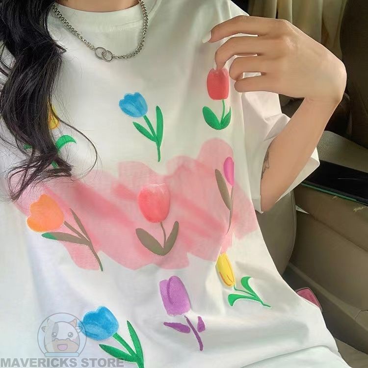 Mới Áo Thun Tay Ngắn Hoạ Tiết Hoa tulip Thiết Kế Dáng Rộng Thoải Mái