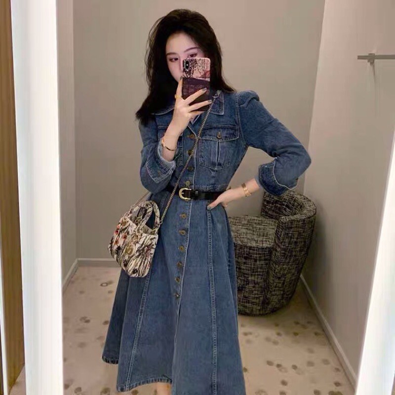 Đầm midi denim xoè thời trang, váy bò dáng xoè dài, đầm bò dáng dài sang chảnh