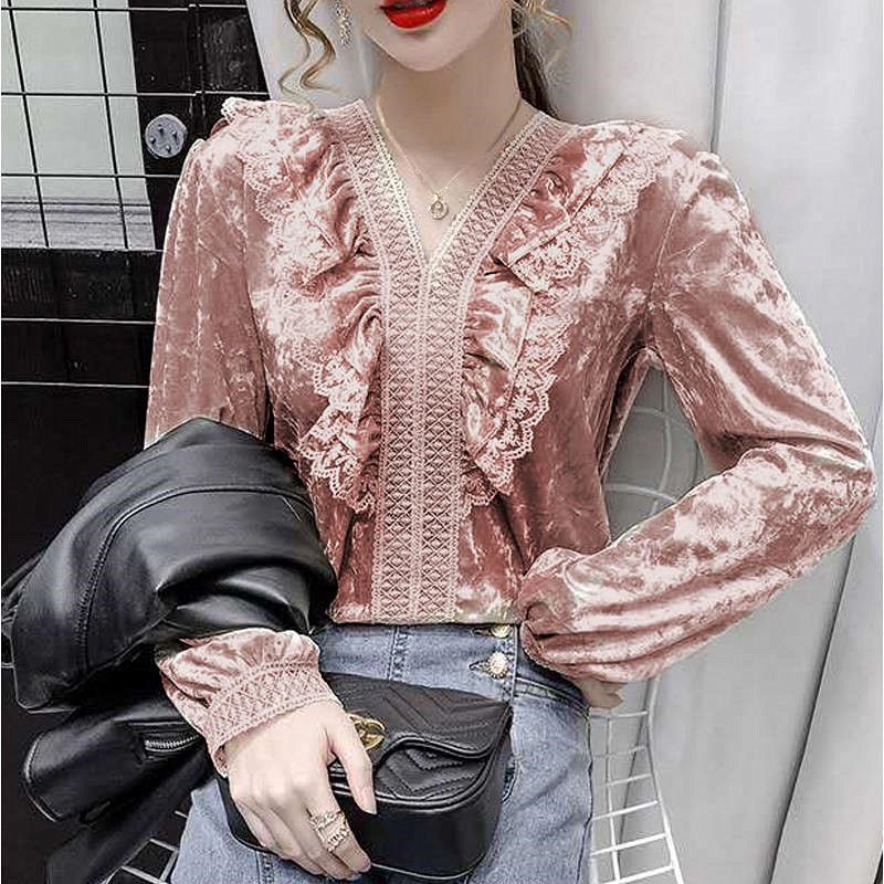 Áo nhung phối ren cổ chữ V phong cách retro Hàn Quốc thoải mái thời trang thu đông cho nữ 2021