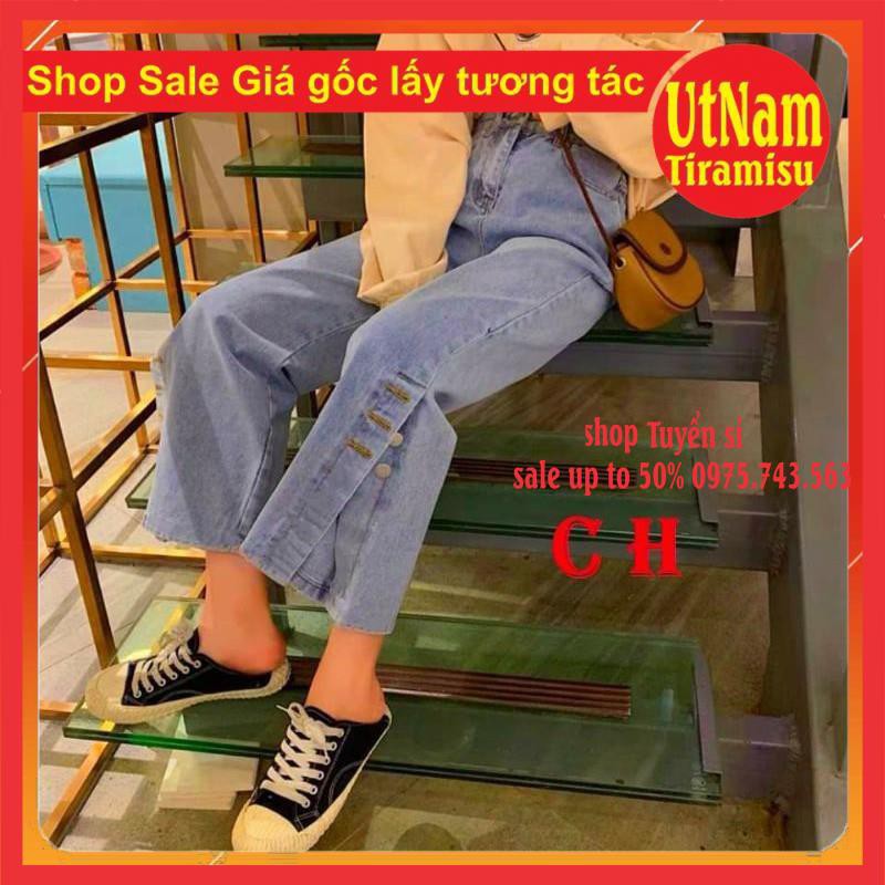 [Hàng Sẵn] Quần Jeans Nữ Ống Rộng Cạp Cao Xẻ Gấu Có Cúc Cài Dọc quần mặc được 2 kiểu cá tính phomg cách Ullzzang