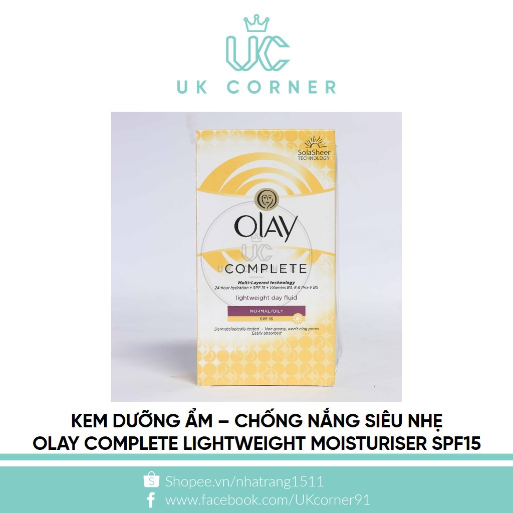 OLAY UK - phân phối tại Anh - Kem dưỡng ẩm - chống nắng Olay Complete Lightweight 3in1 Moisturizer Day Fluid Spf15