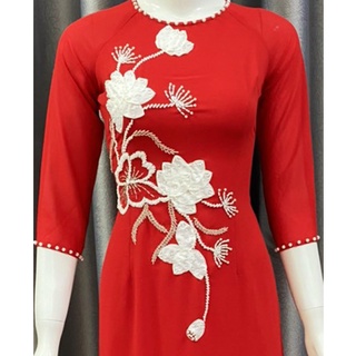 Áo dài chiffon cổ tròn đính hoa sen trắng, áo dài 4 tà truyền thống
